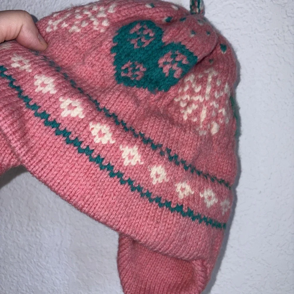 Cottagecore Wool Heart Side Tie Pink Beanie Cute Coquette Ski Hat Handmade